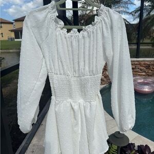 White Textured Smocked Waist Long Sleeve Peasant Top